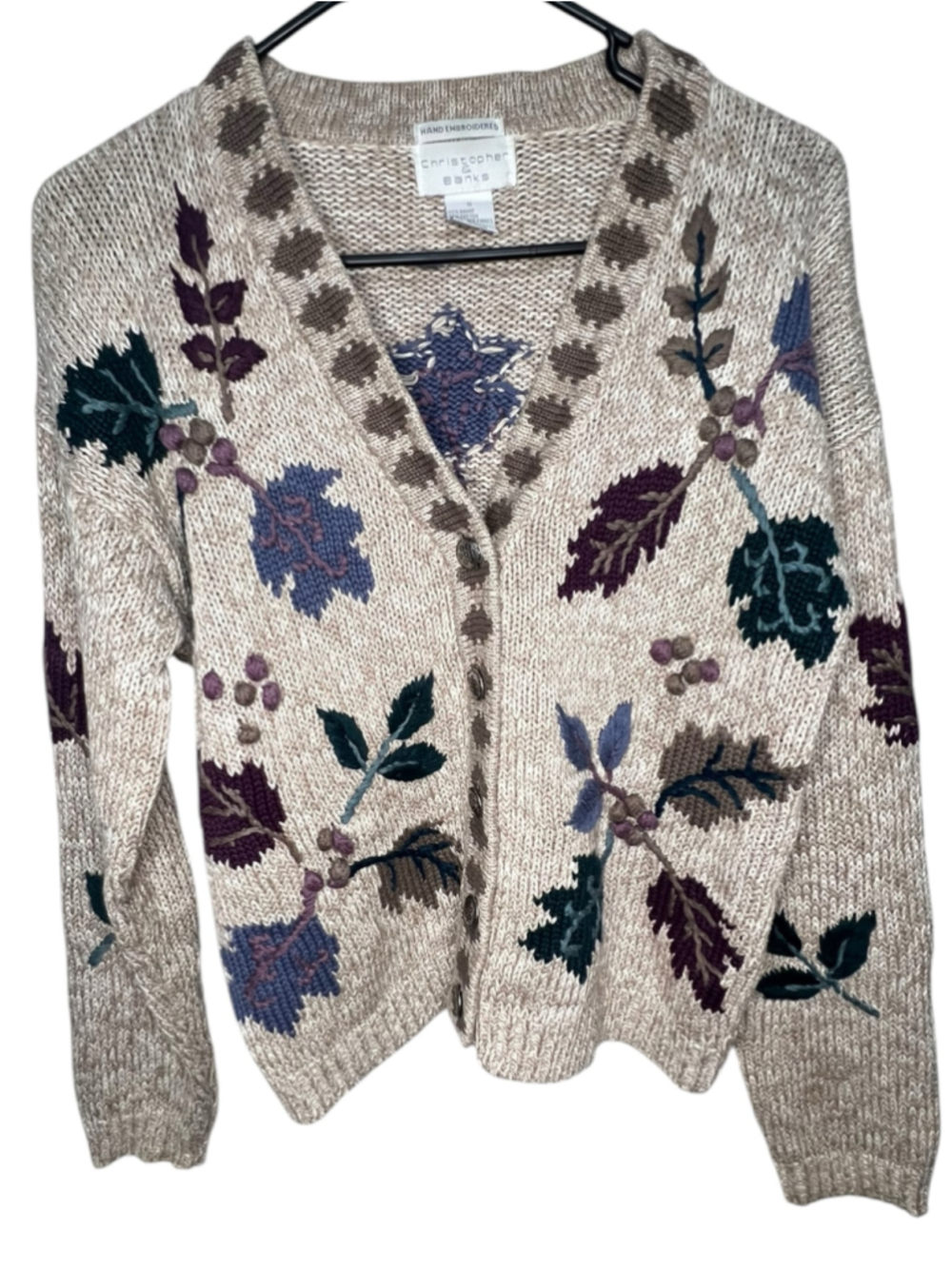 Christopher & Banks Hand Embroidered Leaf Patterned Chunky Button Up Cardigan